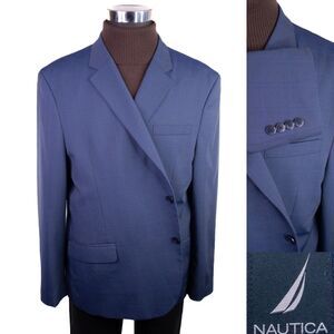 Nautica Blazer 52s Windowpane Blue Poly Blend Sport Coat Jacket 2 Button EUC